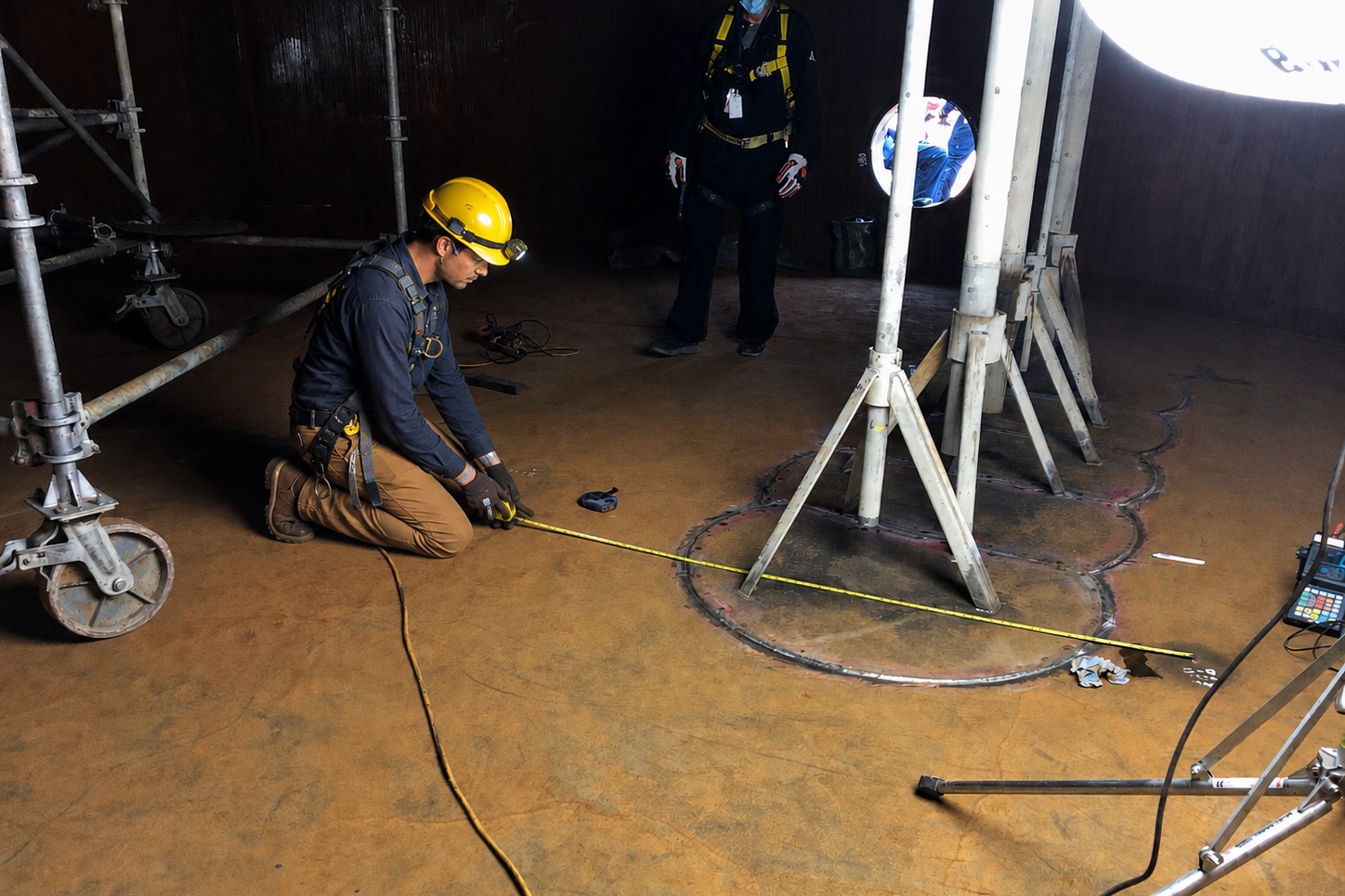 Technician screening the floor inside a storage tank